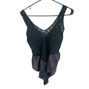 Vintage Black Lace Teddy Bodysuit M Sheer Floral Lingerie Whimsigoth Romantic